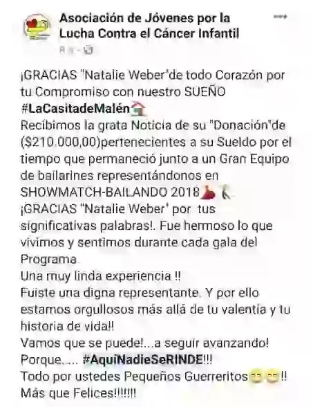 Natalie donó su sueldo del 2018.