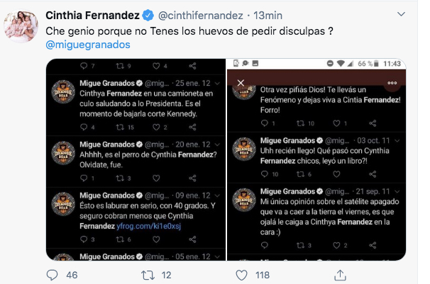 ¡Viejos tuits violentos! Cinthia Fernández arremetió contra Migue Granados: "¿Che genio, por qué no tenés los huevos de pedir disculpas?"