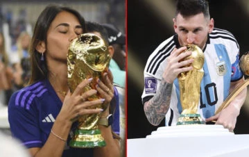 Quién le sacó la foto a Antonela Roccuzzo besando la Copa del Mundo