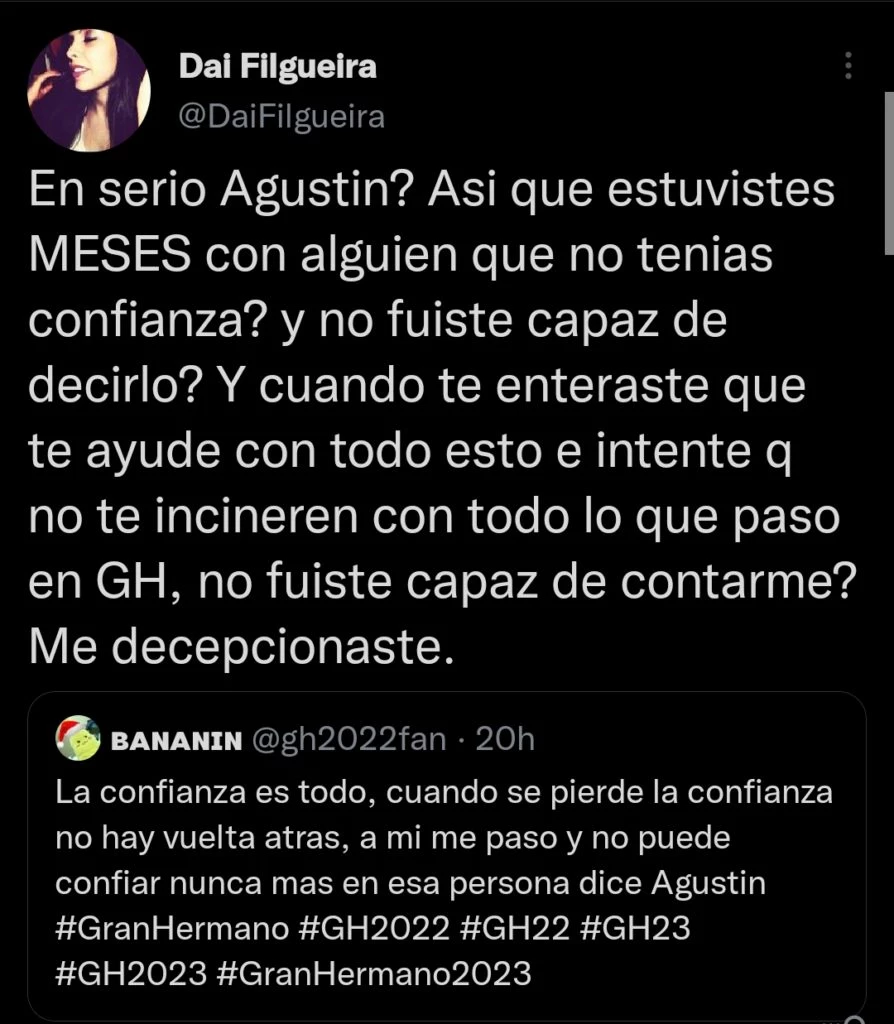 La ex de Agustín estalló de furia tras las declaraciones que hizo en Gran Hermano