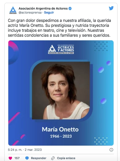 Así informaron la muerte de María Onetto