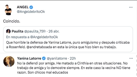 ASI EMPEZO EL CRUCE ENTRE ANGEL DE BRITO Y YANINA LATORRE
