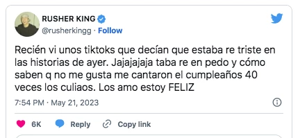 Rusherking respondió a los que lo veían triste sin la China