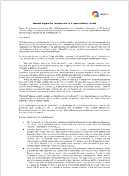 Comunicado de America sobre el despido de Pagano