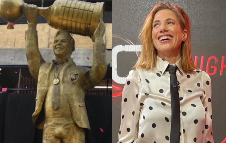 Alina Moine blanqueó novio en simultáneo con la inauguración de la estatua de Gallardo.