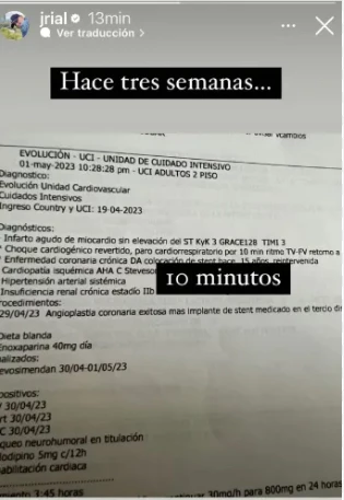 LA EPICRISIS DE JORGE RIAL AL SALIR DE LA CLINICA DE BOGOTA DONDE LE SALVARON LA VIDA.