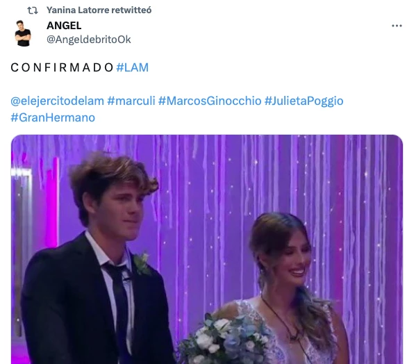ANGEL DE BRITO CONFIRMO LA PAREJA "MARCULI". YANINA LATORRE LE DIO RETUIT.