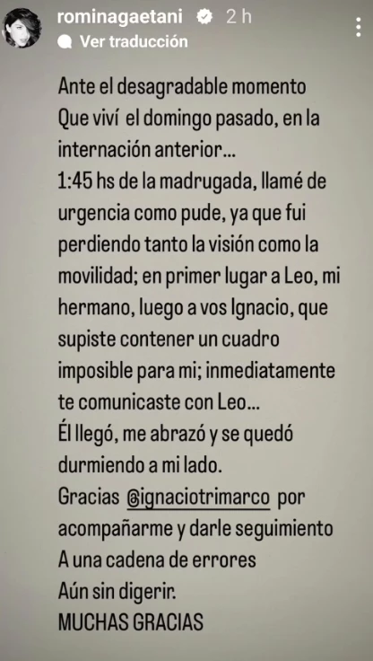 Romina Gaetani rompió el silencio en medio de su problema de salud