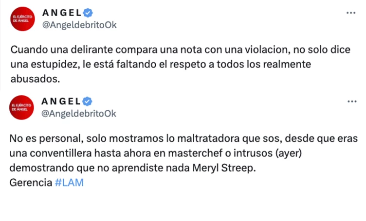 LA BATERIA DE TUITS DE ANGEL DE BRITO CONTRA ANDREA RINCON. ¡LE DIJO DE TODO!