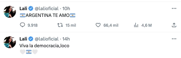 ASI COMO EN LAS PASO EXPRESO SU TEMOR POR LA VICTORIA DE JAVIER MILEI, LALI ESPOSITO MANIFESTO SU ALEGRIA POR EL RESULTADO DE LA PRIMERA VUELTA.