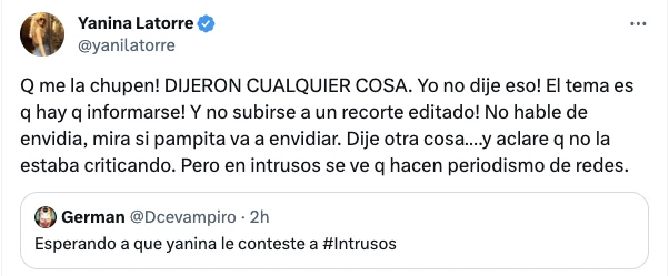 Yanina Latorre cruzó a Intrusos y hay guerra total en América