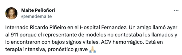 RICARDO PIÑEIRO ESTA INTERNADO EN GRAVE ESTADO. LO INFORMO MAITE.