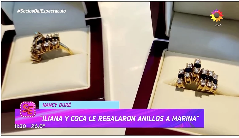 LOS ANILLOS DE BRILLANTES Y ZAFIROS QUE ILIANA Y COCA LE REGALARON A MARINA CALABRO.