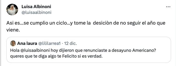 LUISA ALBINONI PRESENTO LA RENUNCIA A DESAYUNO.