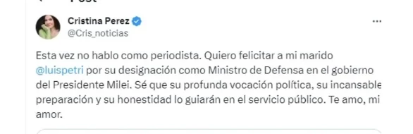 El mensaje de Cristina Pérez a Luis Petri por su nombramiento como ministro