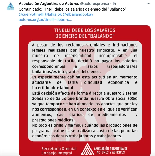 EL DURISIMO COMUNICADO DE LA ASOCIACION ARGENTINA DE ACTORES CONTRA MARCELO TINELLI.