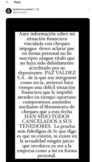 Guillermina Valdés se defendió de los rumores de una crisis financiera 