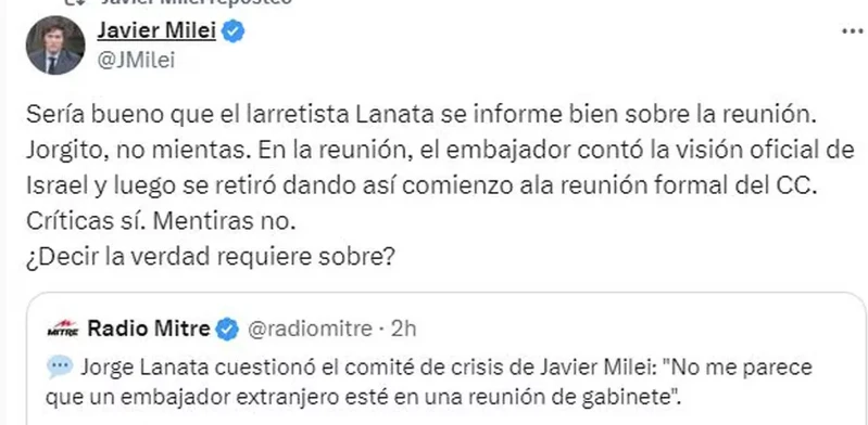 EL TUIT DEL PRESIDENTE MILEI QUE  LANATA PIENSA USAR EN TRIBUNALES PARA DENUNCIARLO POR LLAMARLO "ENSOBRADO".