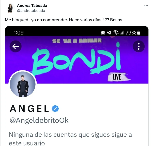 ANDREA TABOADA DENUNCIO QUE ANGEL DE BRITO LA BLOQUEO