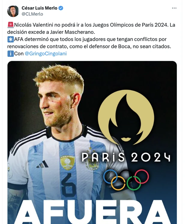 Nicolás Valentini, actual jugador de Boca Juniors, fuera de la Selección Argentina