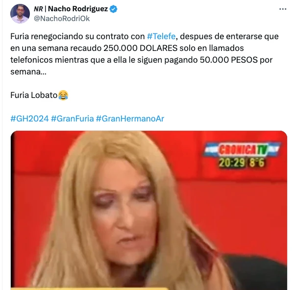 SEGUN NACHO RODRIGUEZ, FURIA COBRA 50.000 PESOS SEMANALES Y TELEFE ACABA DE GANAR GRACIAS A ELLA LA FRIOLERA DE 250.000 DOLARES.