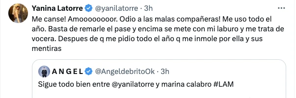 YANINA LATORRE LE DECLARO LA GUERRA TOTAL A MARINA CALABRO DELANTE DE ANGEL DE BRITO