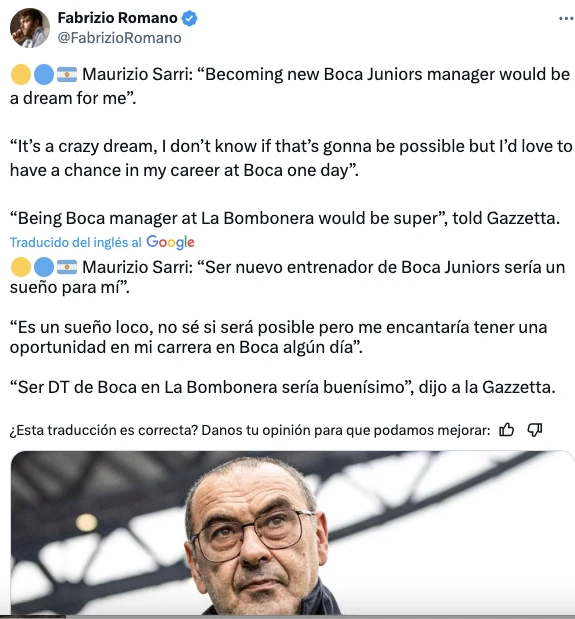 EL POSTEO DE FABRIZIO ROMANO QUE REVOLUCIONO EL MUNDO BOCA: SARRI QUIERE DIRIGIR A LOS XENEIZES