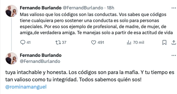 EL POSTEO DE FERNANDO BURLANDO EN APOYO DE ROMINA MANGUEL