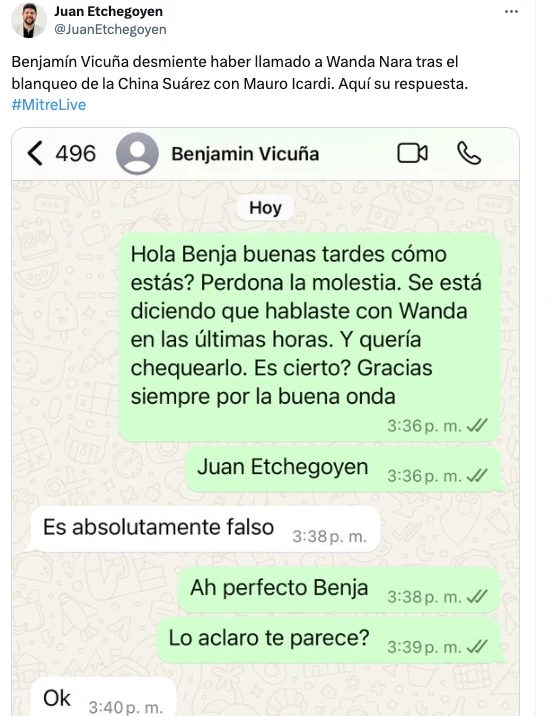 Benjamín Vicuña, harto de la China Suárez, desmiente un llamado a Wanda Nara