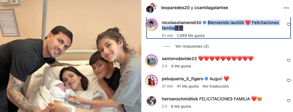 NICOLAS OTAMENDI, EL PRIMER COMPAÑERO DE LA SCALONETA QUE SALUDO A PAREDES POR EL NACIMIENTO DE SU TERCER HIJO.