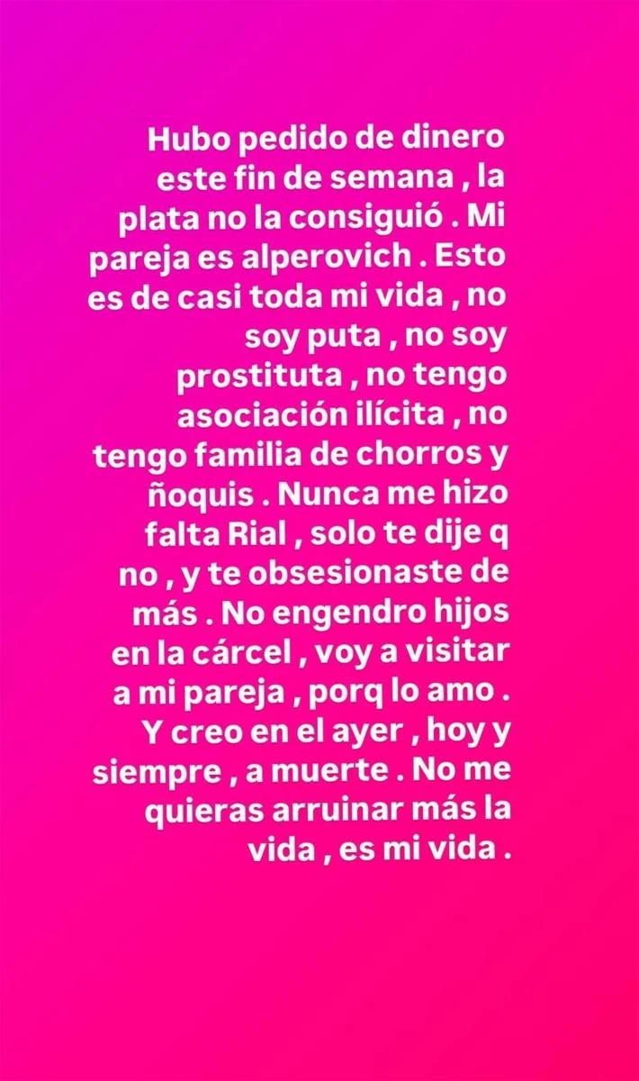 LA CARTA CON LA QUE MARIANELA MIRRA CONFIRMO QUE ESTA DE NOVIA CON ALPEROVICH, QUIEN PURGA UNA CONDENA DE 16 AÑOS POR ABUSO SEXUAL.