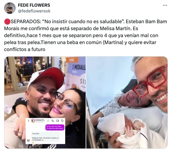 EL PERIODISTA FEDE FLOWERS CONFIRMO LA SEPARACION DE BAM BAM MORAIS DE LA MADRE DE SU HIJA