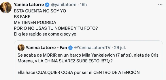LA FURIA DE YANINA LATORRE POR UNA CUENTA QUE USURPO SU IDENTIDAD.
