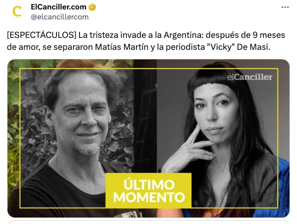 LA NOTICIA FUE CONFIRMADA POR EL PICANTE SITIO "EL CANCILLER": MATIAS MARTIN Y VICKY DE MASI YA NO SON NOVIOS.