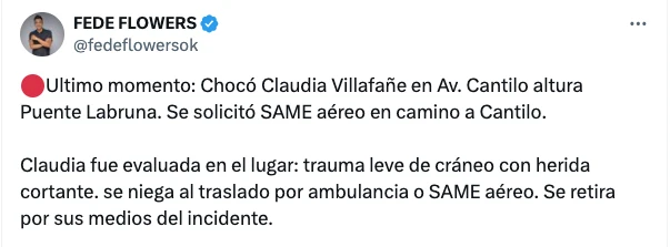 FEDE FLOWERS CONTO EL ACCIDENTE DE CLAUDIA.