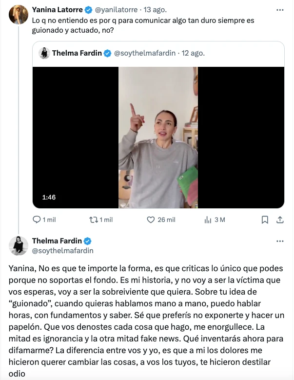 ESTA PUBLICACION DE YANINA LATORRE DESATO EL CONFLICTO CON THELMA FARDIN.