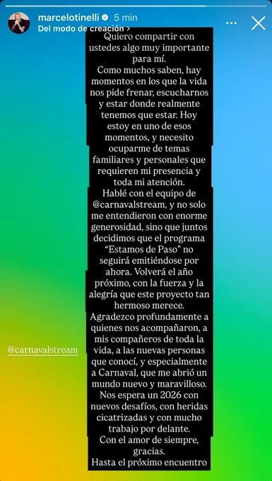 EL ANUNCIO DE TINELLI: SE BAJA DEL STREAM AL QUE HABIA LLEGADO HACE DOS MESES.