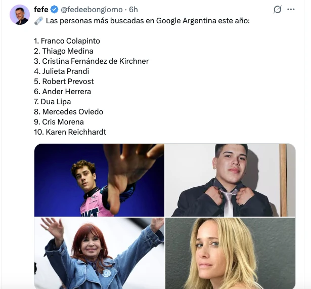 FEFE BONGIORNO PUBLICO LOS MAS BUSCADOS EN GOOGLE ARGENTINA DURANTE 2025.