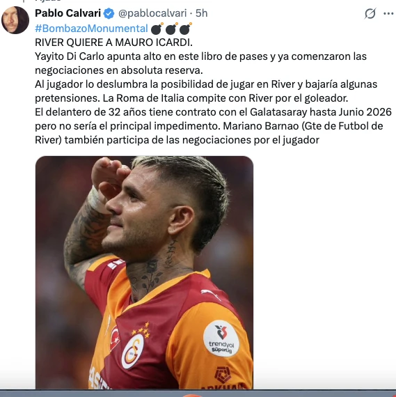 PABLO CALVARI, UNO DE LOS PERIODISTAS MEJOR INFORMADOS DE RIVER, ANUNCIO EL DESEO DEL CLUB POR CONTRATAR A MAURO ICARDI.