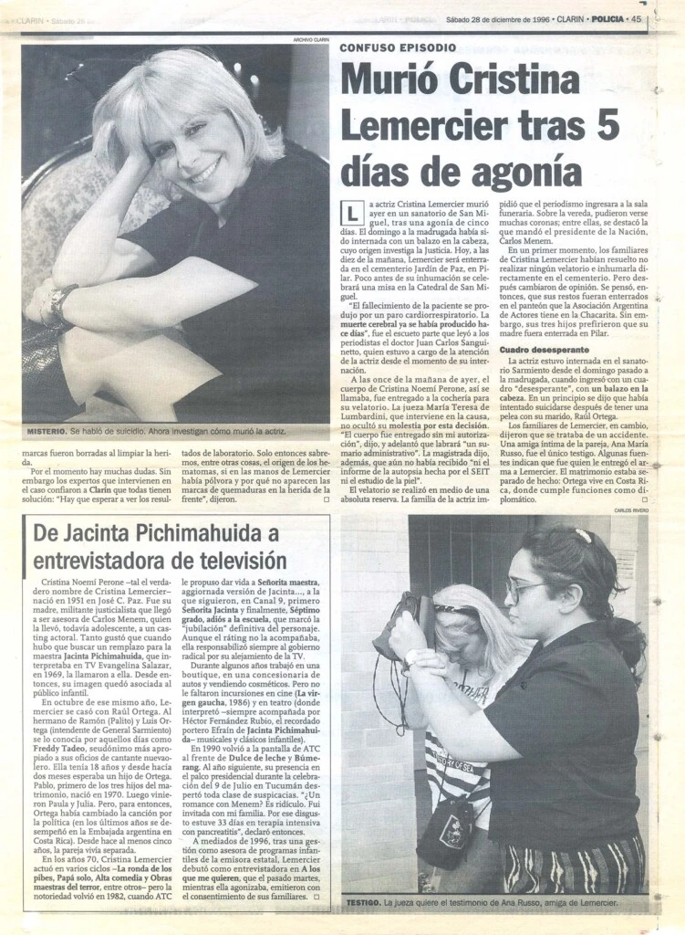 ASI ANUNCIARON LOS DIARIOS LA MUERTE DE LEMERCIER. FUE UN SHOCK PARA TODA LA SOCIEDAD.