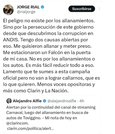 JORGE RIAL DENUNCIA PERSECUCION POLITICA POR PARTE DEL GOBIERNO DE JAVIER MILEI.