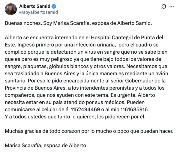 EL TUIT DE LA MUJER DE SAMID DESDE LA CUENTA DE ALBERTO.