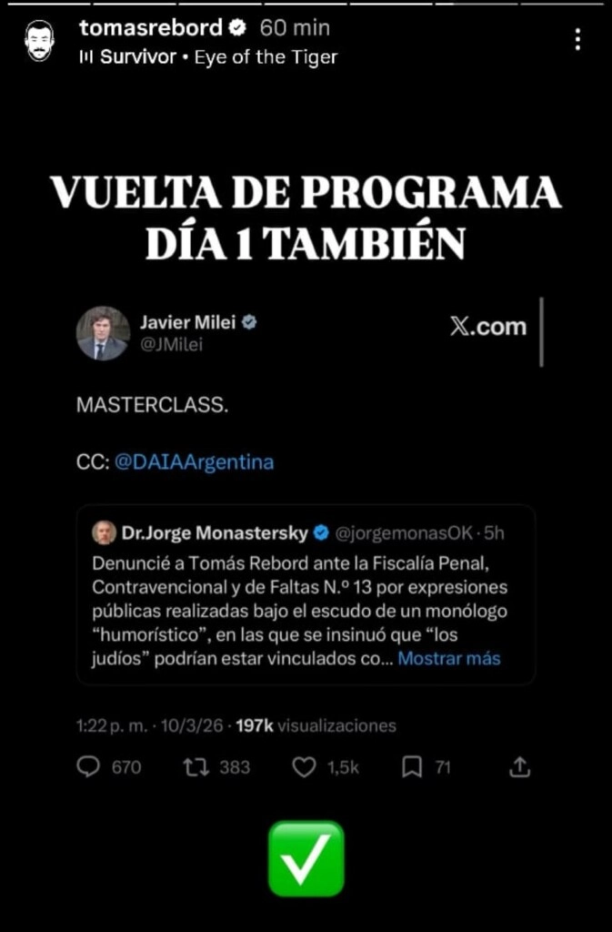 El posteo de Tomás Rebord con la denuncia en su contra. (Instagram)