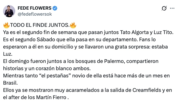 LA INCENDIARIA INFORMACION DE FEDE FLOWERS SOBRE LA RELACION DE TATO Y LUZ.