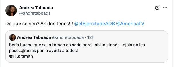 EL PRIMER TUIT DE ANDREA TABOADA MANIFESTANDO SU ENOJO CON LAM.