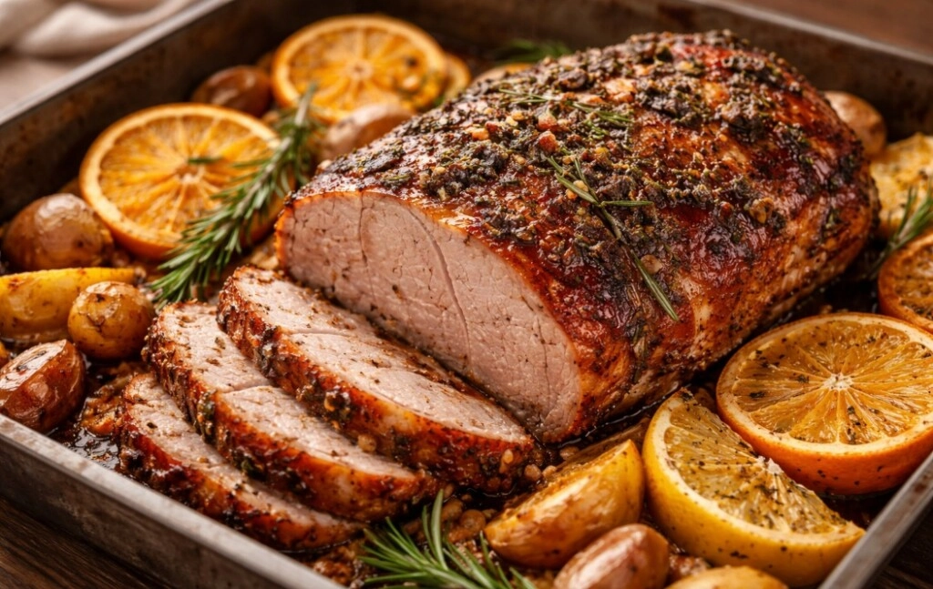 Bondiola de cerdo al horno con hierbas y cítricos.