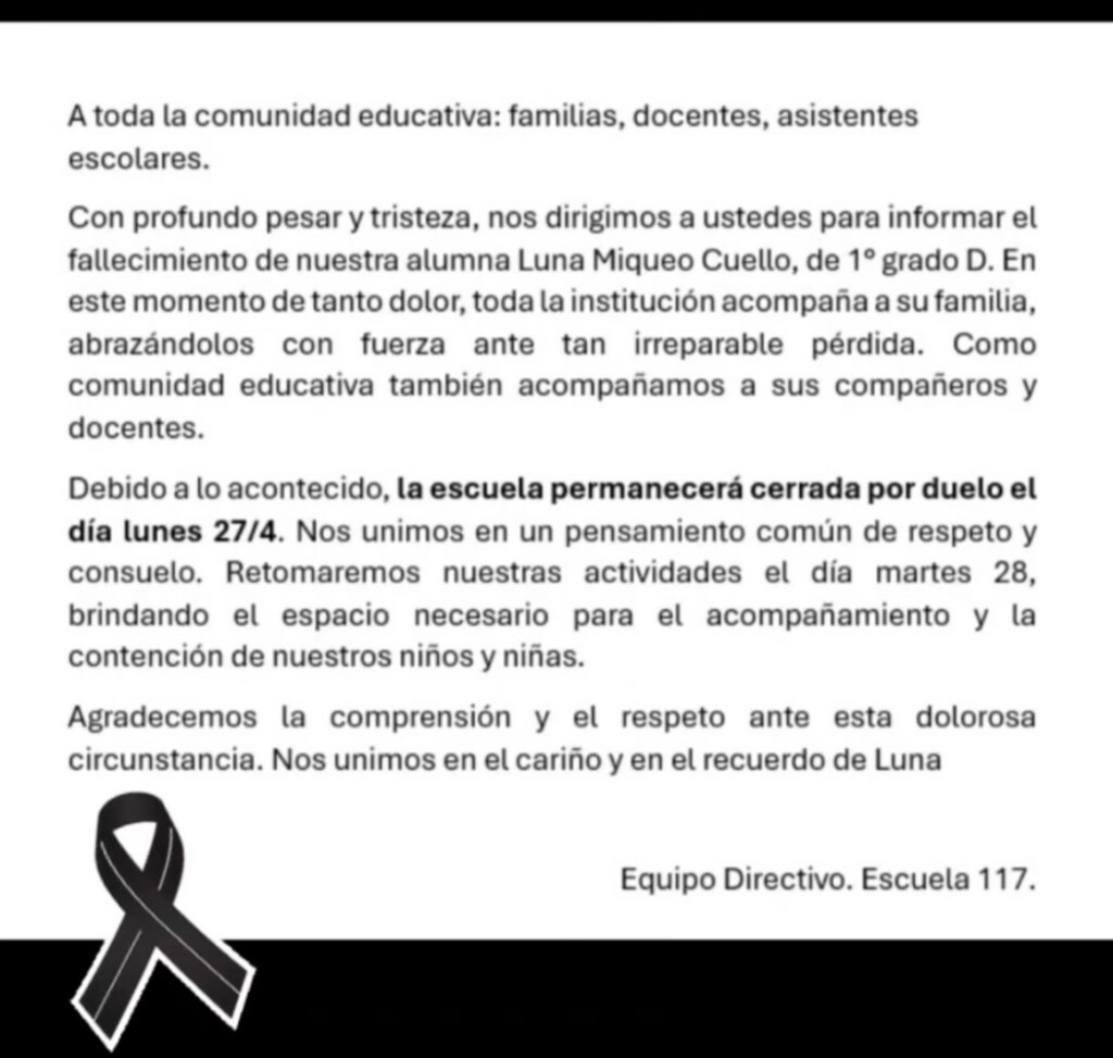 El comunicado de la escuela por la muerte de Luna Miqueo Cuello. (Instagram)