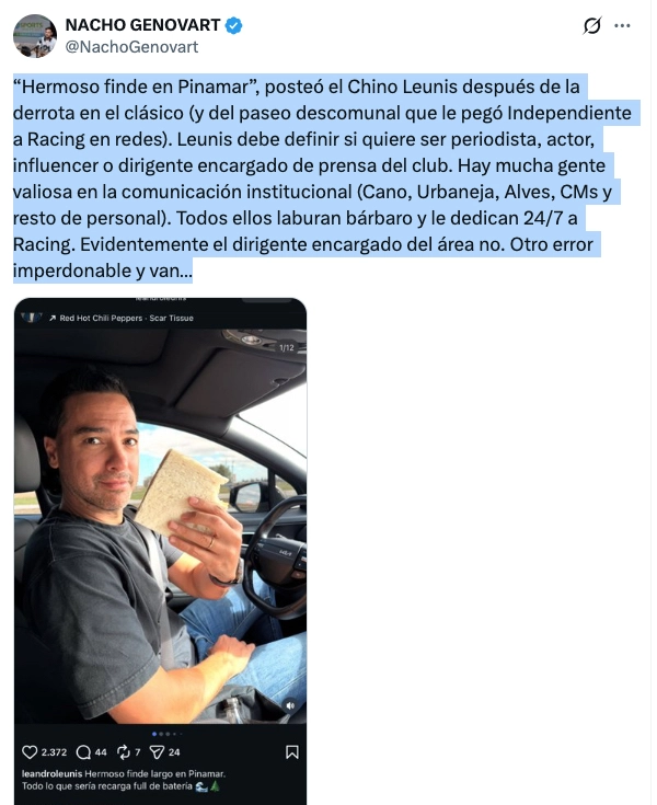 EL POSTEO DEL CHINO Y LA RESPUESTA DEL PERIODISTA NACHO GENOVART