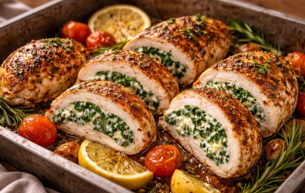 Pollo relleno de espinaca y queso crema.