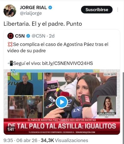 SEGUN RIAL, AGOSTINA Y EL PADRE SON LIBERTARIOS.